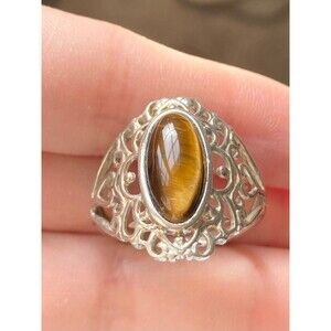 Vintage RJ 925 sterling silver filigree tiger’s eye ring size 10